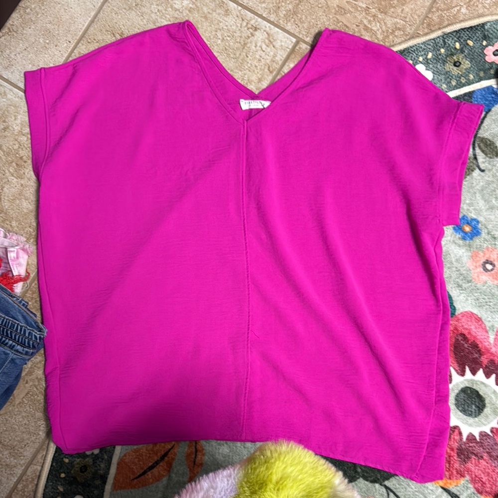 Vibrant Pink V-Neck Polyester blouse by First Love-Lovelyn. Very flowy fit.